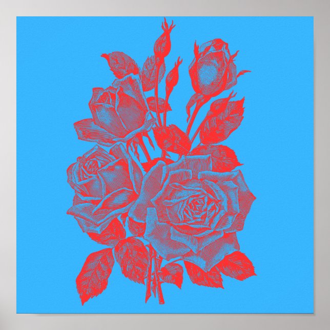Neon Pop-Art Rosor: Vibrerande Röd Gravyr Poster (Framsidan)