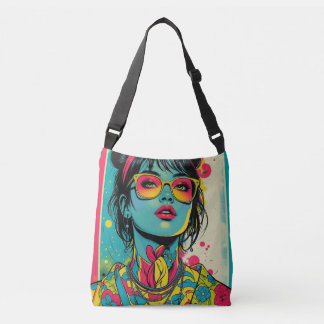 Neon Pop Diva Porträtt - Fet och Vibrant Retro Art Axelväska