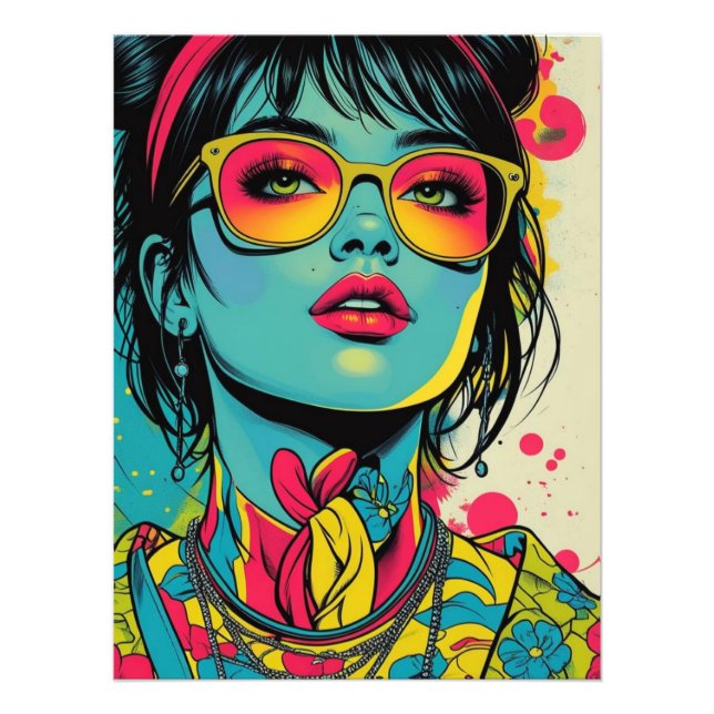 Neon Pop Diva Porträtt - Fet och Vibrant Retro Art Fototryck (Framsidan)