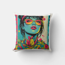 Neon Pop Diva Porträtt - Fet och Vibrant Retro Art Kudde