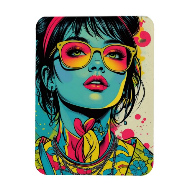 Neon Pop Diva Porträtt - Fet och Vibrant Retro Art Magnet (Vertikal)