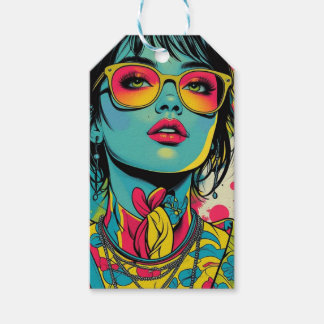Neon Pop Diva Porträtt - Fet och Vibrant Retro Art Presentetikett