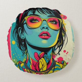 Neon Pop Diva Porträtt - Fet och Vibrant Retro Art Rund Kudde