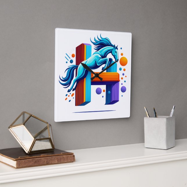 Neon Power Horse Jump Over H Letter Fyrkantig Klocka (Kontor)