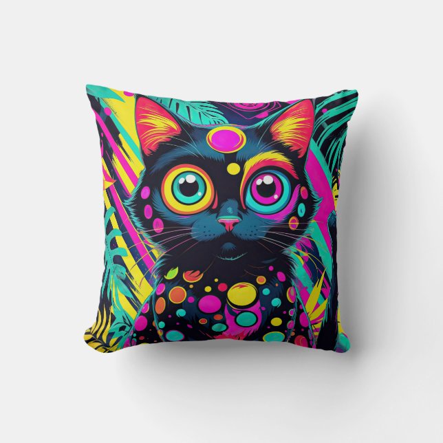 ✨ Neon Psychedelic Cat – Pop Art Design 🎨🐱 Kudde (Framsida)