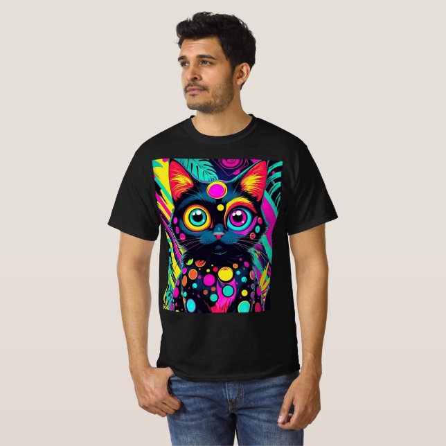 ✨ Neon Psychedelic Cat – Pop Art Design 🎨🐱 T Shirt (Hel framsida)