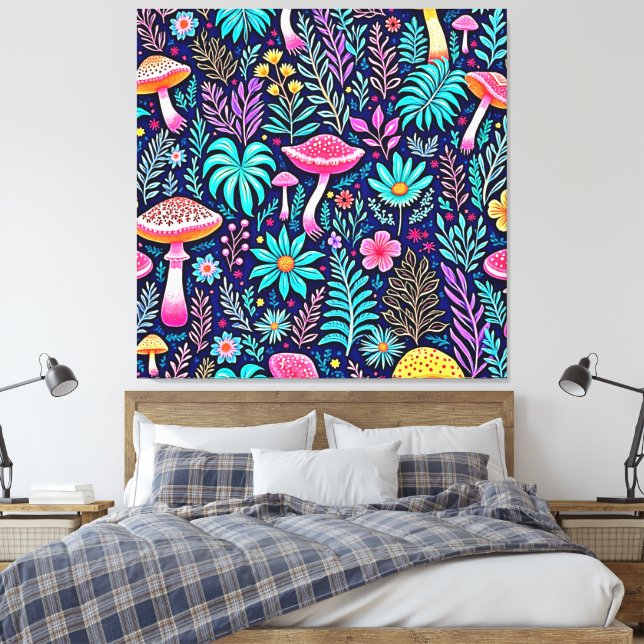 Neon Psychedelic Mushroom Forest Dream Canvastryck (Insitu (sovrum))