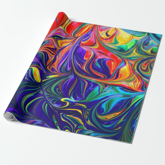Neon Psychedelic Swirls Rainbow Färg Presentpapper (Utrullad)