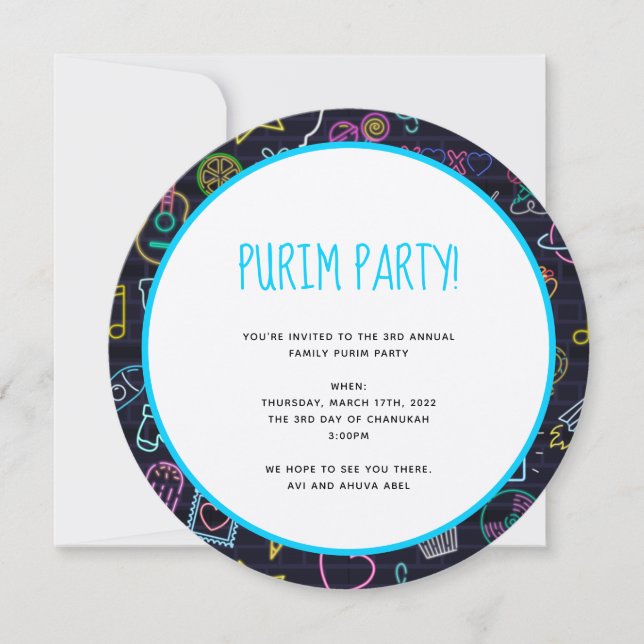 Neon Purim Inbjudningar (Framsida)