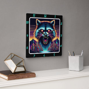 Neon Raccoon Cyber City Fyrkantig Klocka