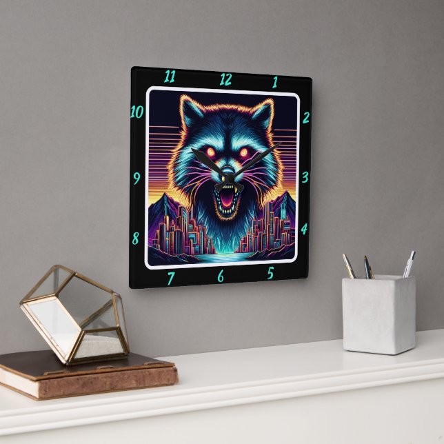Neon Raccoon Cyber City Fyrkantig Klocka (Kontor)