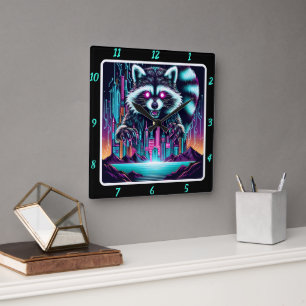 Neon Raccoon Skyline Pulse Fyrkantig Klocka