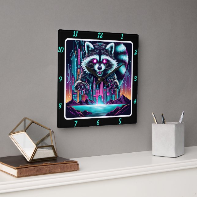 Neon Raccoon Skyline Pulse Fyrkantig Klocka (Kontor)