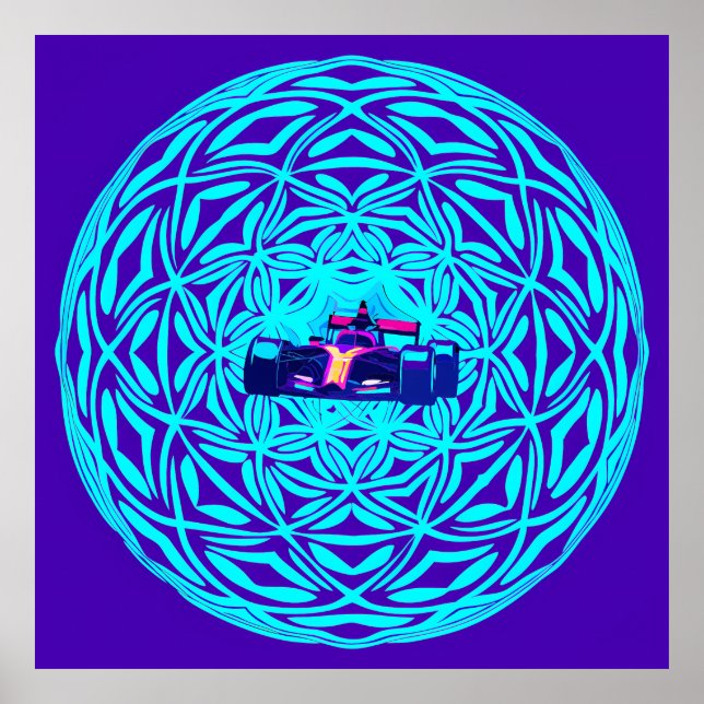 Neon Race Car in Geometric Sphere Poster (Framsidan)