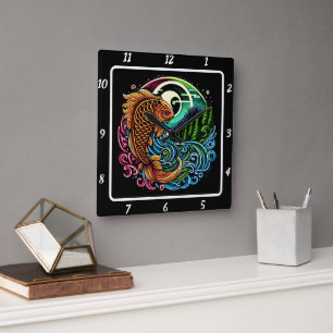 Neon Radiant Koi Guld Fish Elegance Fyrkantig Klocka