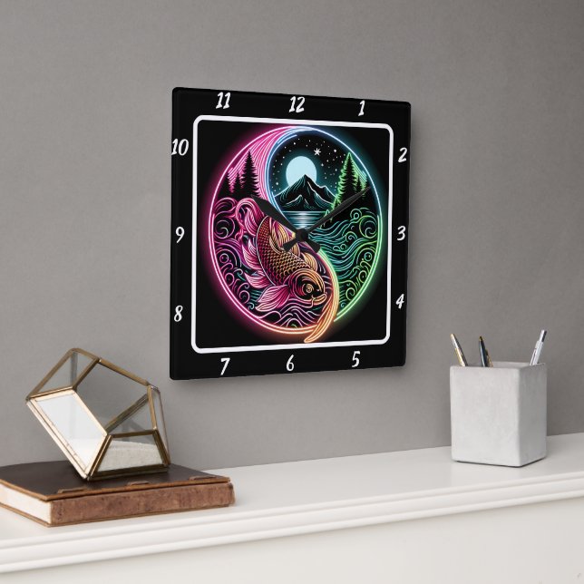 Neon Radiant Koi Guld Fish Fyrkantig Klocka (Kontor)