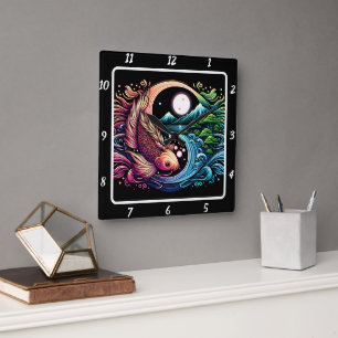 Neon Radiant Koi Guld Fish Harmony Fyrkantig Klocka