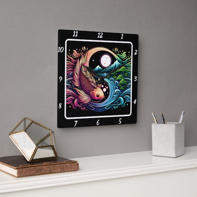 Neon Radiant Koi Guld Fish Harmony Fyrkantig Klocka (Kontor)