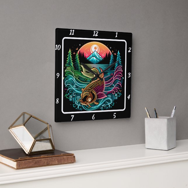 Neon Radiant Koi Guld Fish Serenity Fyrkantig Klocka (Kontor)