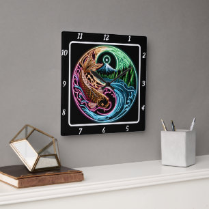 Neon Radiant Koi Guld fiskreflektion Fyrkantig Klocka