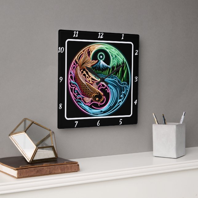 Neon Radiant Koi Guld fiskreflektion Fyrkantig Klocka (Kontor)