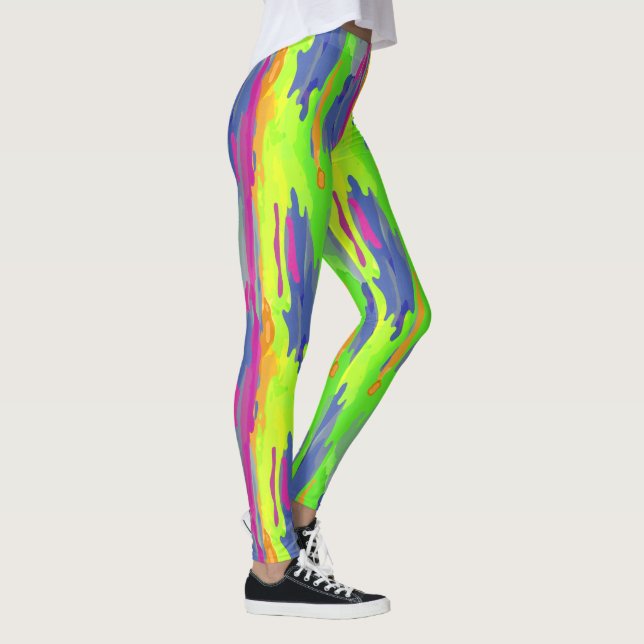 Neon Rainbow Camo Lodrät Mönster Activewear Leggings (Höger)