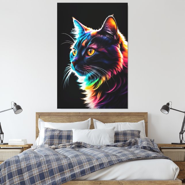 Neon Rainbow Cat Portrait – Modern Colorful Canvastryck (Insitu (sovrum))