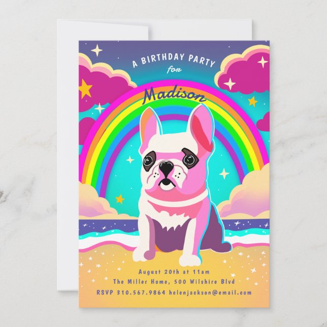 Neon Rainbow Frenchie Retro Birthday Inbjudningar (Framsida)