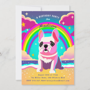 Neon Rainbow Frenchie Retro Birthday Inbjudningar