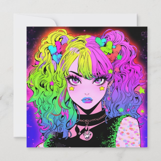 Neon Rainbow Goth Anime Girl Porträtt Inbjudningar (Framsida)