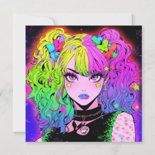 Neon Rainbow Goth Anime Girl Porträtt Inbjudningar
