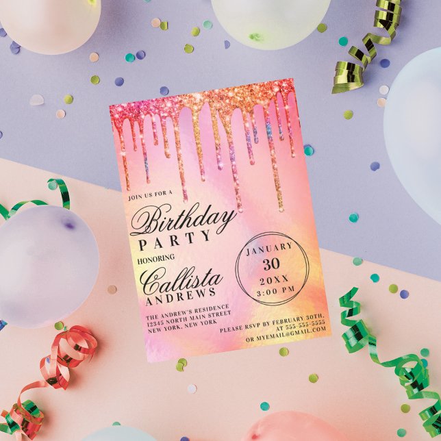 Neon Rainbow HoloGraph Glitter Drives Birthday Inbjudningar (Skapare uppladdad)