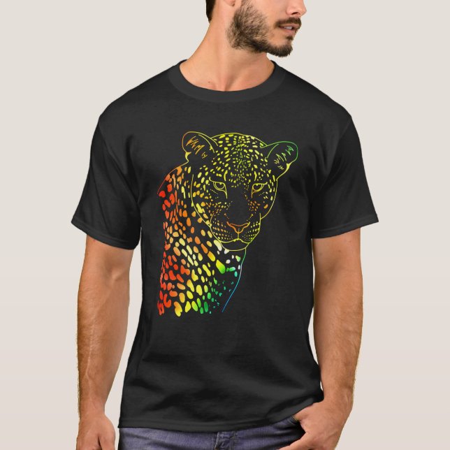 Neon Rainbow Leopard Ansikte Artwork T Shirt (Framsida)
