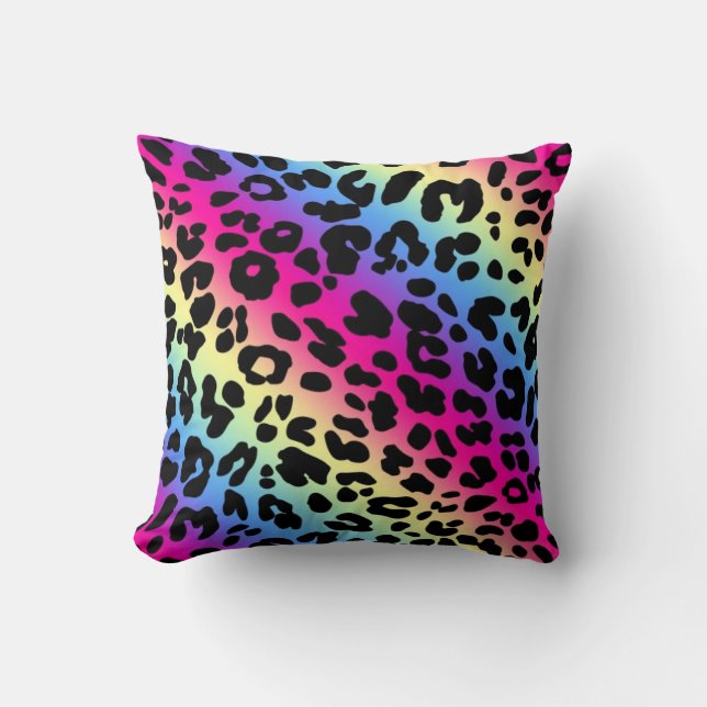 Neon Rainbow Leopard Mönster Skriv ut Kudde (Framsida)