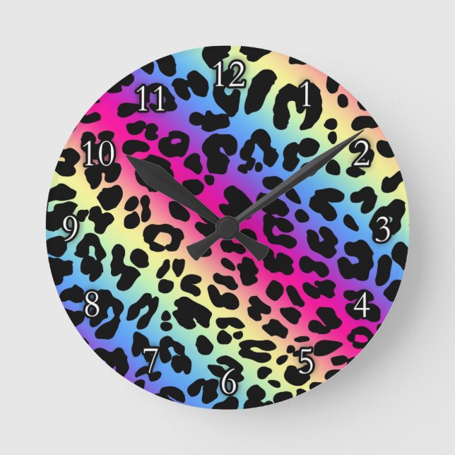 Neon Rainbow Leopard Mönster Skriv ut Rund Klocka (Framsida)
