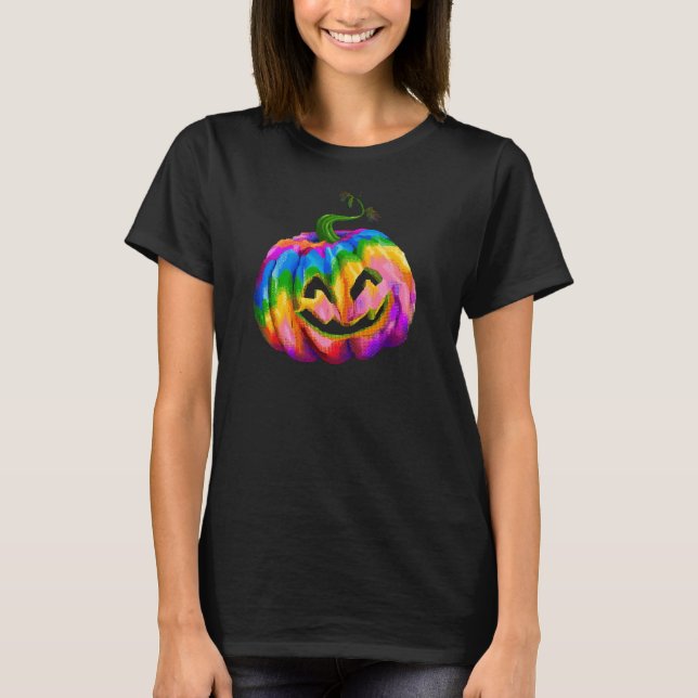 Neon Rainbow Pumpkin Halloween T-Shirt (Framsida)