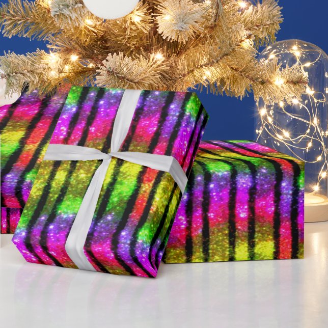 Neon Rainbow Shimmer Stripes Presentpapper (Helgdagar)