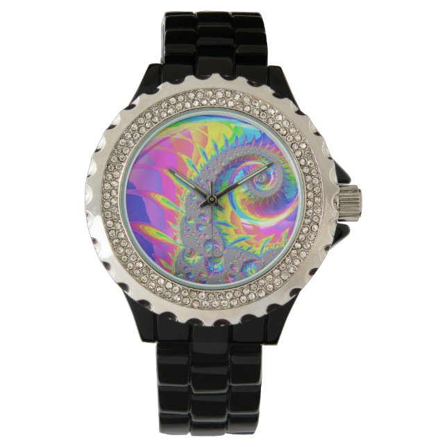 Neon Rainbow Spiral Fractal Abstrakt Digital Art Armbandsur (Framsida)