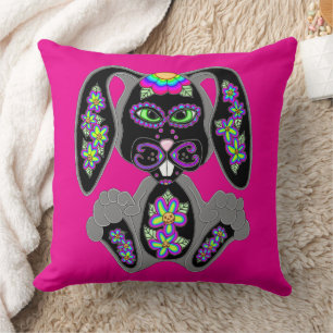 Neon Rainbow Sugar Skull Bunny Kudde