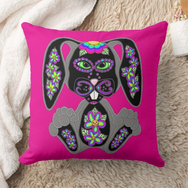 Neon Rainbow Sugar Skull Bunny Kudde (Filt)