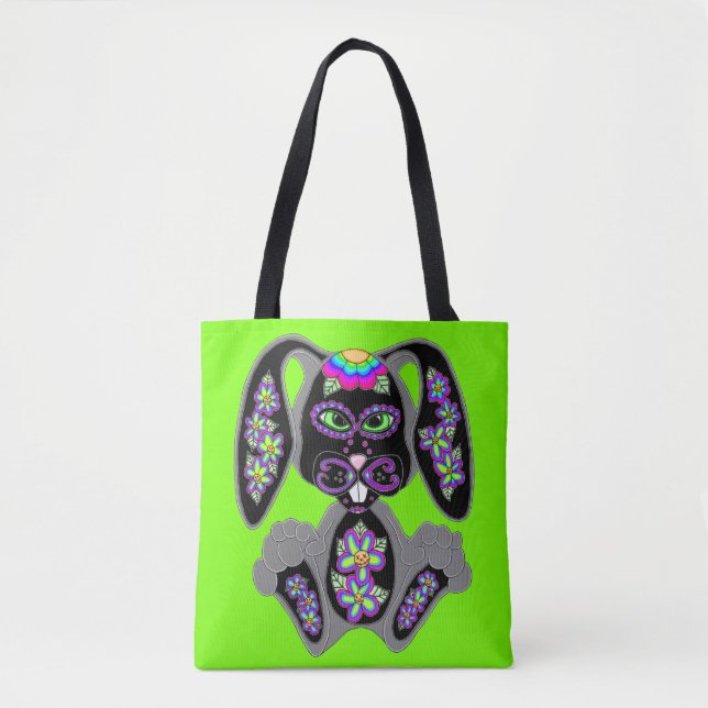 Neon Rainbow Sugar Skull Bunny Tygkasse (Framsida)
