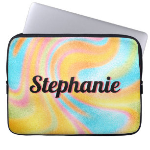 Neon Rainbow Swirl Personlig Black Namn Laptop Fodral