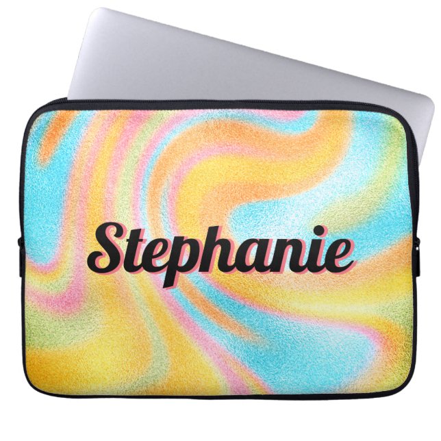 Neon Rainbow Swirl Personlig Black Namn Laptop Fodral (Framsidan)