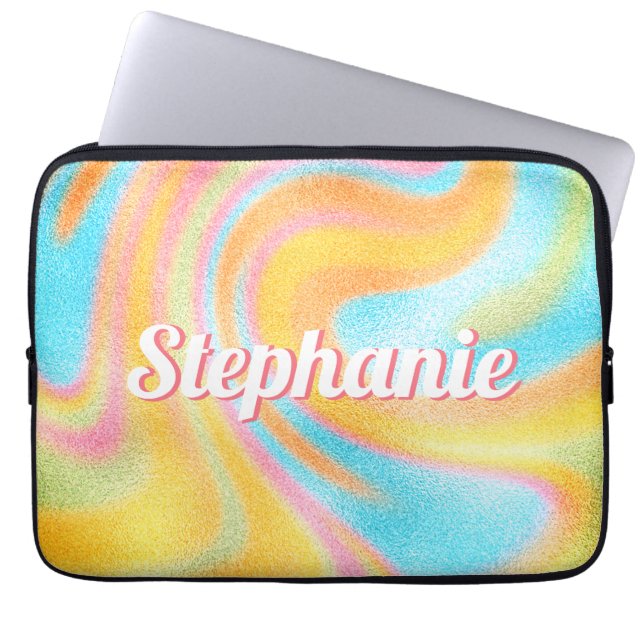 Neon Rainbow Swirl Personlig Namn Laptop Fodral (Framsidan)