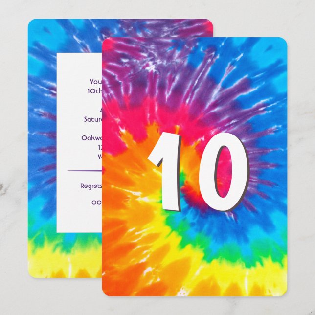Neon Rainbow Tie Dye 10: e födelsedagsinbjudan Inbjudningar (Fram/baksida)