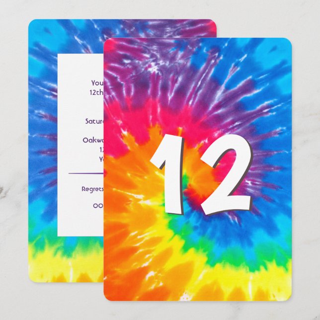 Neon Rainbow Tie Dye 12:e Birthday-inbjudan Inbjudningar (Fram/baksida)
