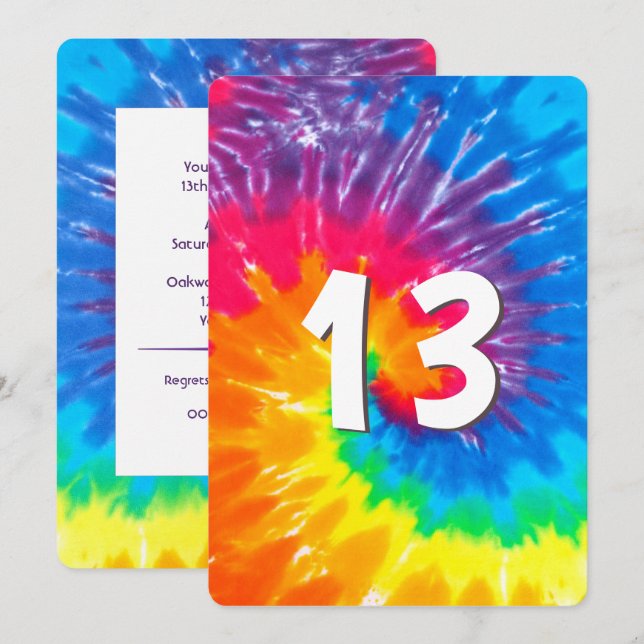 Neon Rainbow Tie Dye 13: e födelsedagsinbjudan Inbjudningar (Fram/baksida)