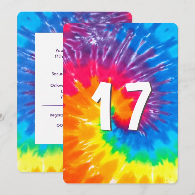 Neon Rainbow Tie Dye 17: e födelsedagsinbjudan Inbjudningar (Fram/baksida)