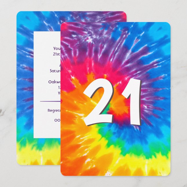 Neon Rainbow Tie Dye 21: a födelsedagsinbjudan Inbjudningar (Fram/baksida)