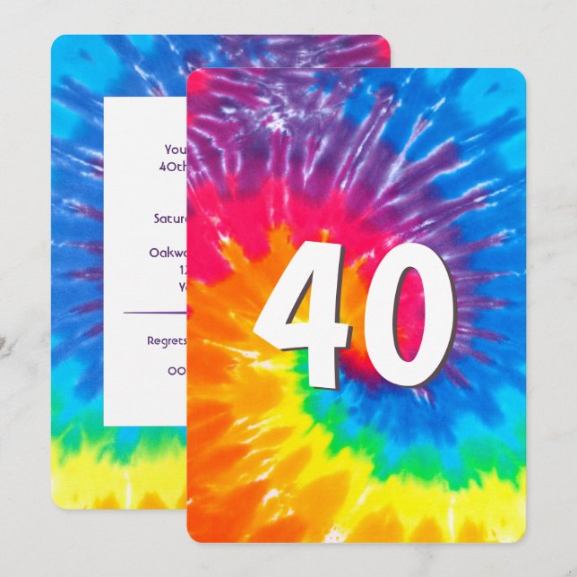 Neon Rainbow Tie Dye 40: e födelsedagsinbjudan Inbjudningar (Fram/baksida)